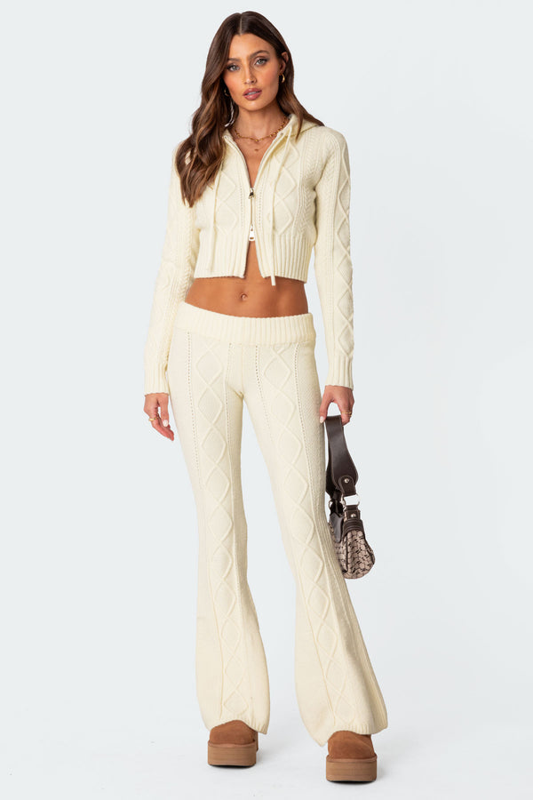 edikted Ray Cable Knit Flared Pants cream