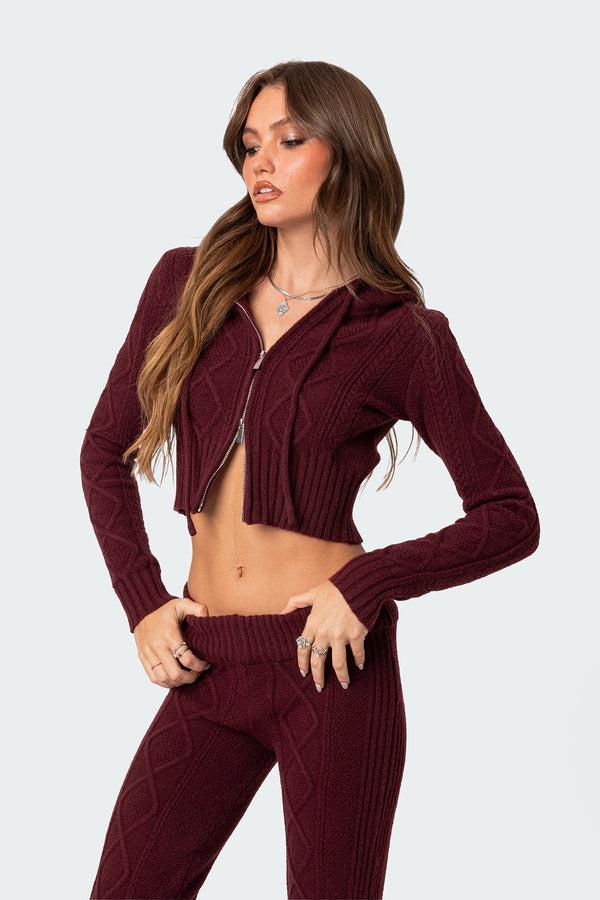 Edikted Ray Cable Knit Hooded Cardigan Burgundy