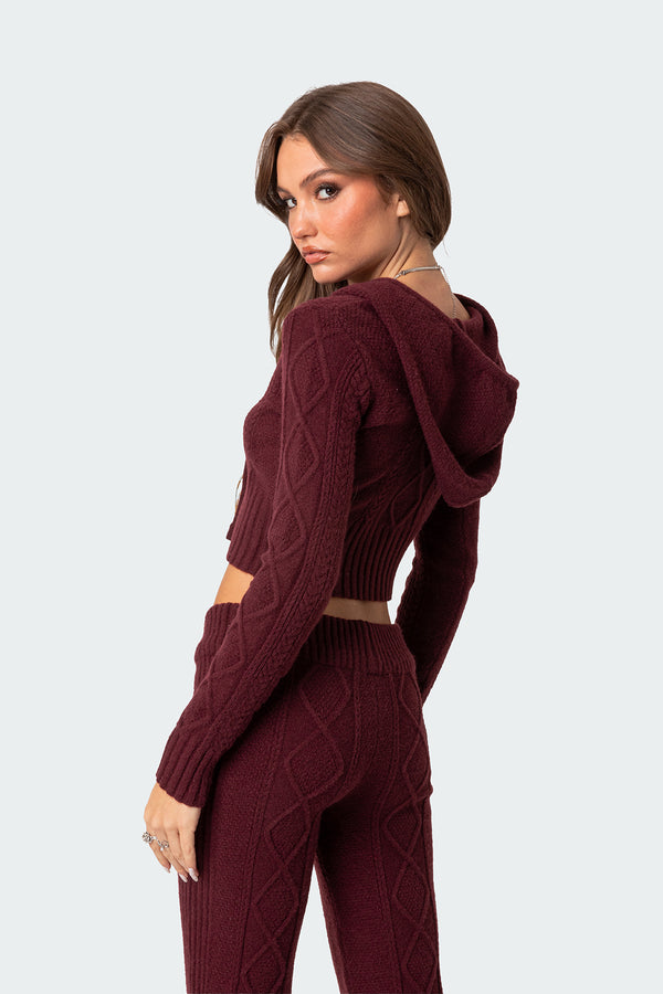 Edikted Ray Cable Knit Hooded Cardigan Burgundy