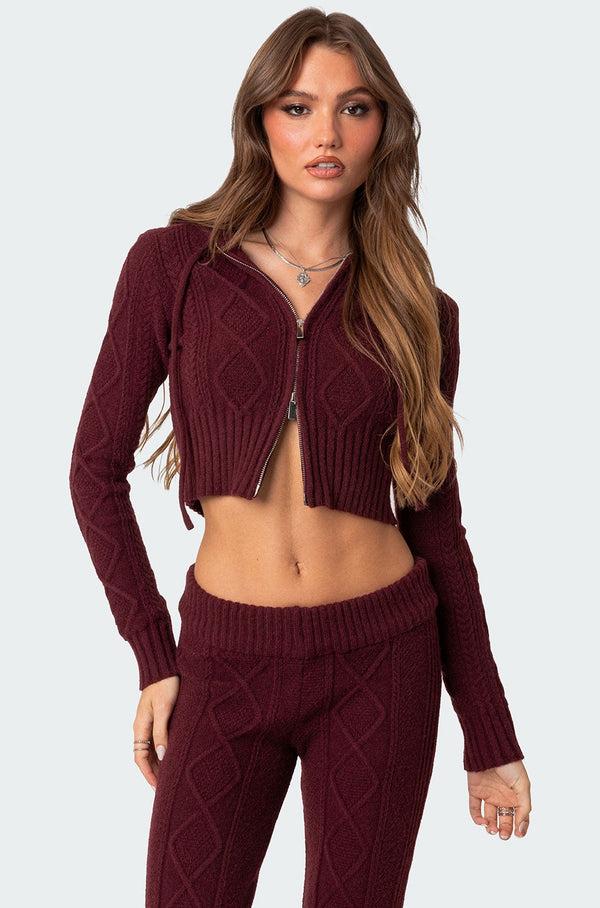 edikted Ray Cable Knit Hooded Cardigan burgundy
