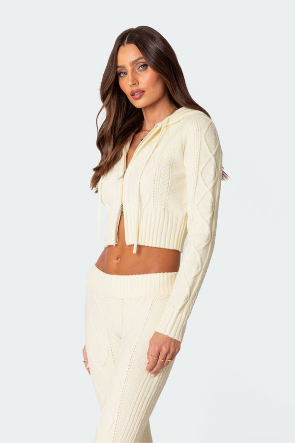 Edikted Ray Cable Knit Hooded Cardigan Cream