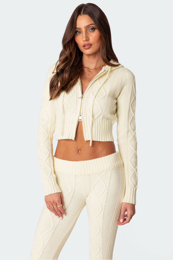 edikted Ray Cable Knit Hooded Cardigan cream