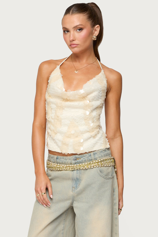 edikted Reid Backless Sequin Cowl Neck Top cream
