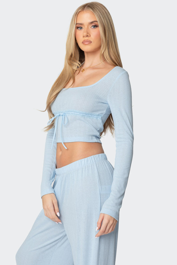 Edikted Ren Square Neck Pointelle Top Light Blue