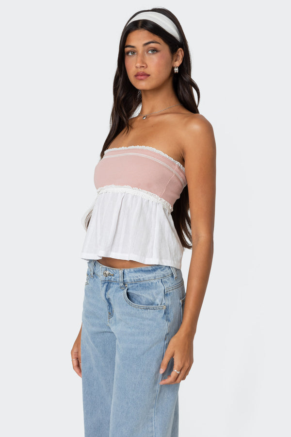 Edikted Rena Ribbed Peplum Tube Top Pink And White