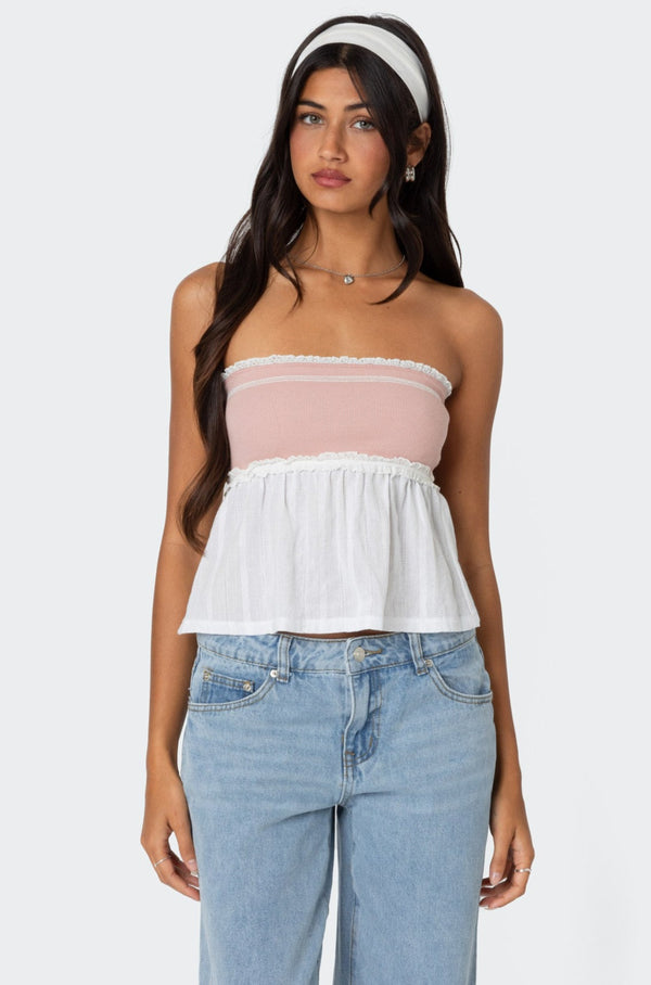 edikted Rena Ribbed Peplum Tube Top pink and white