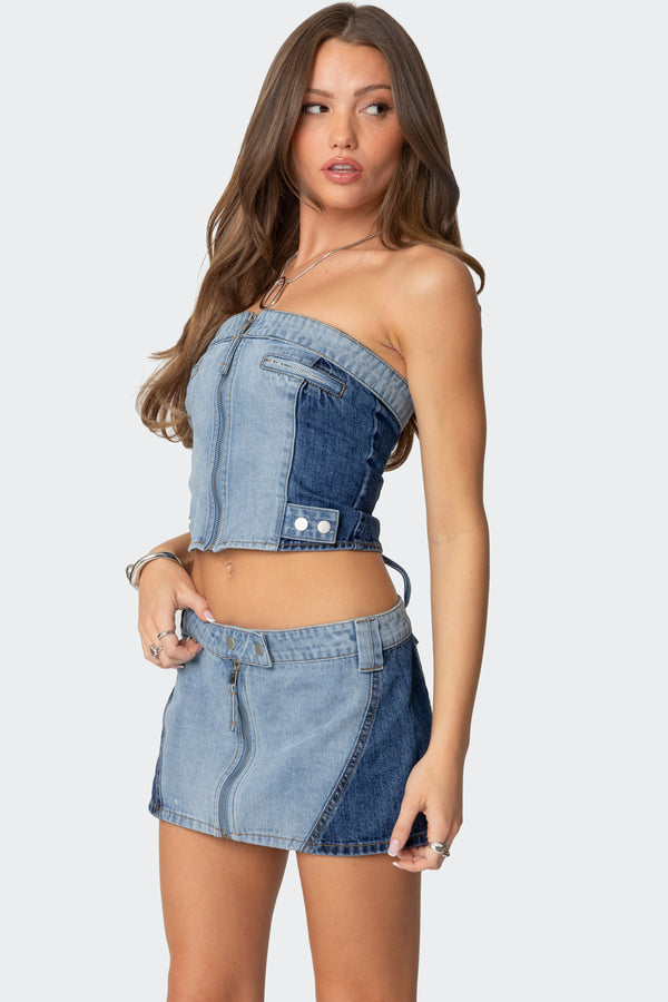 Edikted Reni Contrast Denim Zip Up Corset Blue
