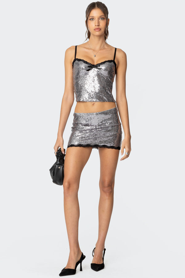 edikted Revel Lace Trim Sequin Mini Skirt silver