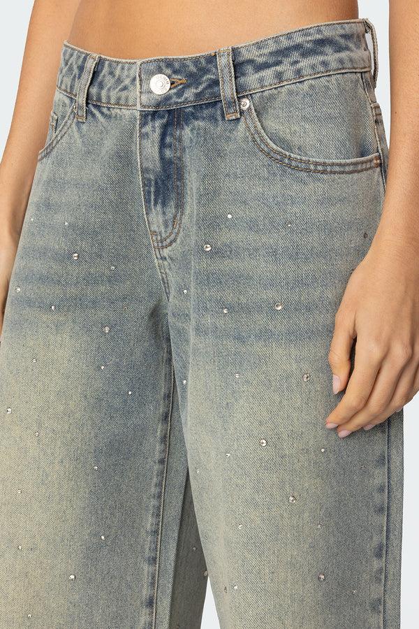 Edikted Rhinestone Low Rise Washed Jeans Gray