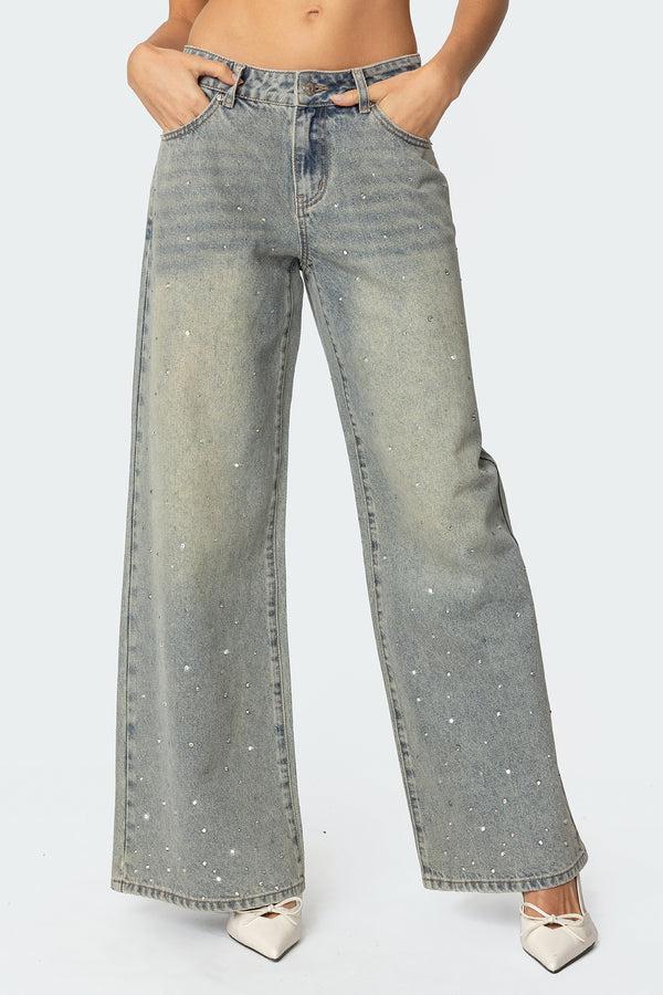 Edikted Rhinestone Low Rise Washed Jeans Gray