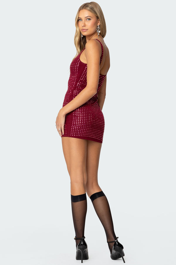 Edikted Rhinestone Mesh Mini Dress Burgundy