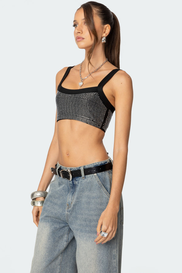 Edikted Rhinestone Ribbed Crop Top Silver