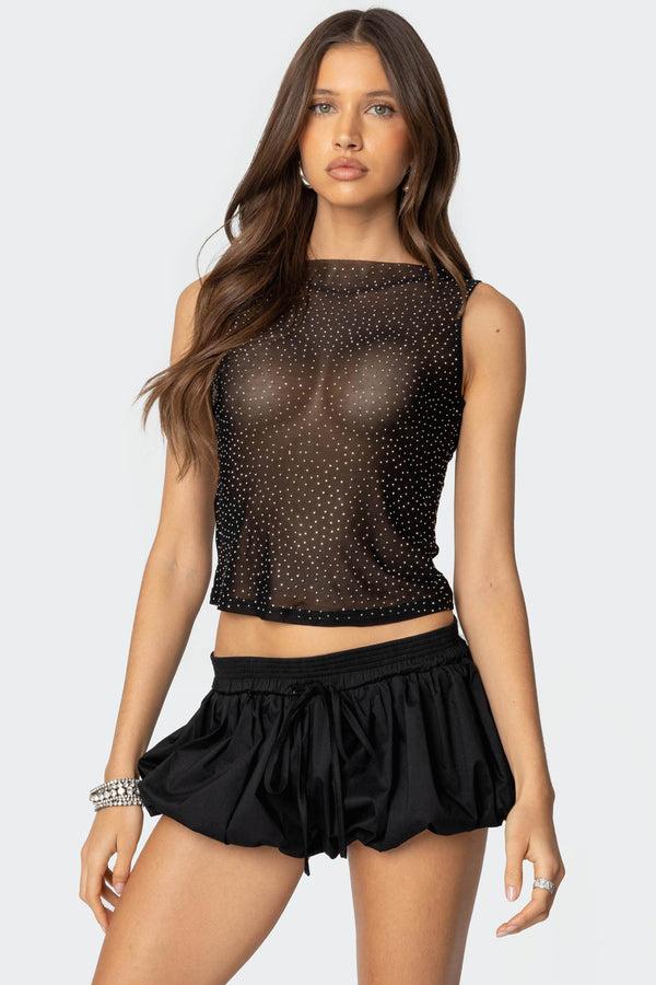 edikted Rhinestone Sheer Mesh Top black