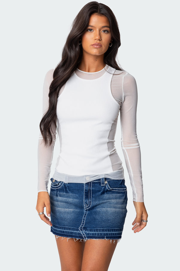 edikted Rib Tank Layered Mesh Top white