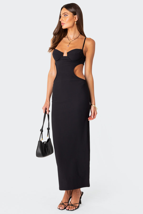 Edikted Ribbed Cut Out Cupped Maxi Dress Black