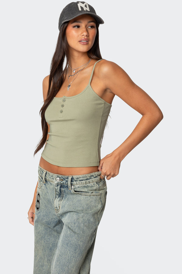 Edikted Ribbed Henley Tank Top Olive
