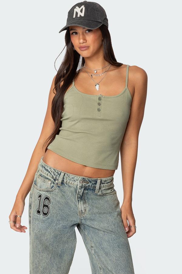 edikted Ribbed Henley Tank Top olive