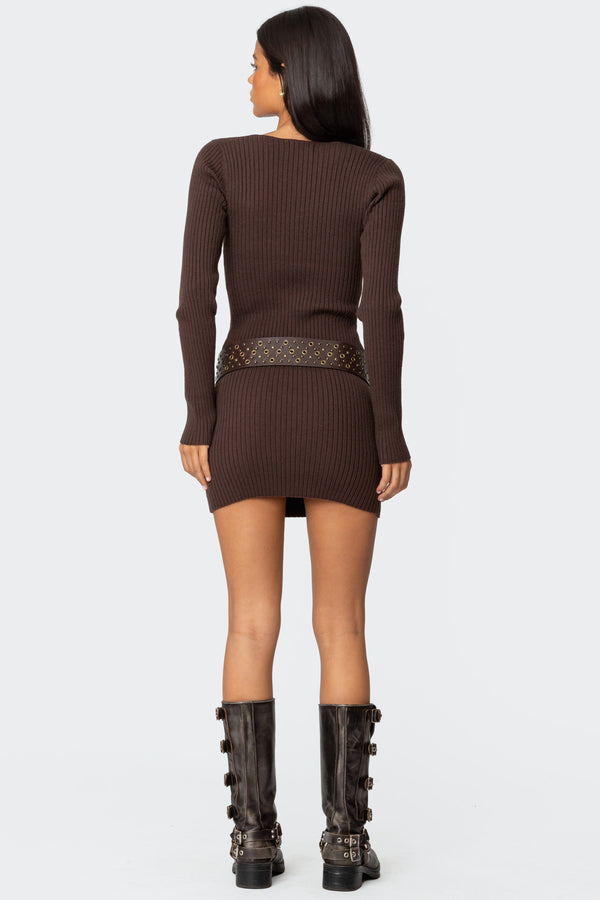 Edikted Ribbed Knit V Neck Mini Dress Brown