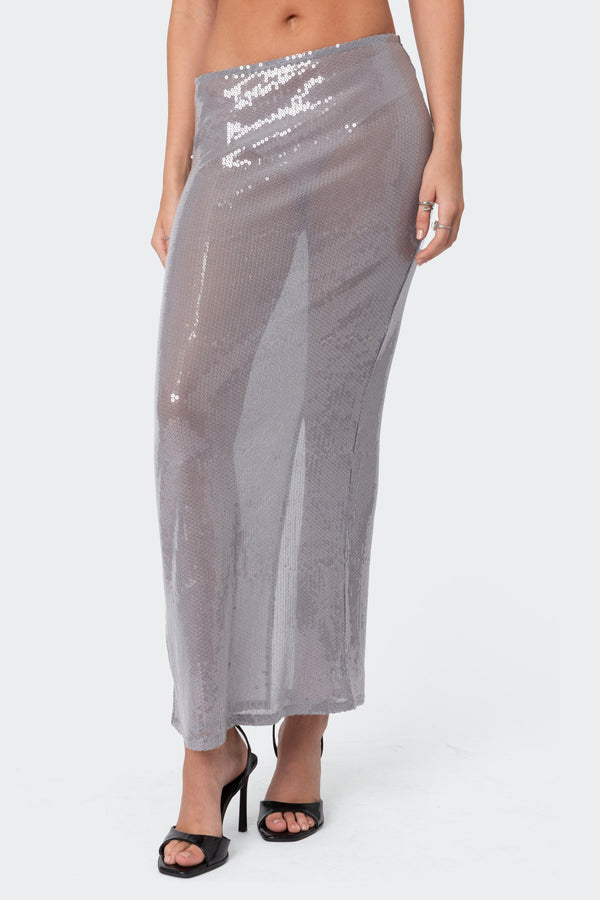 Edikted Riki Sheer Sequin Maxi Skirt Gray