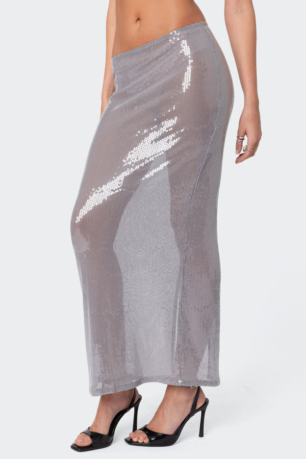 Edikted Riki Sheer Sequin Maxi Skirt Gray