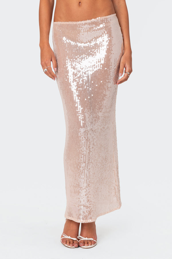 Edikted Riki Sheer Sequin Maxi Skirt Light Pink