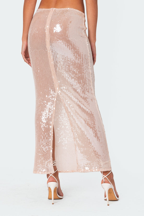 Edikted Riki Sheer Sequin Maxi Skirt Light Pink