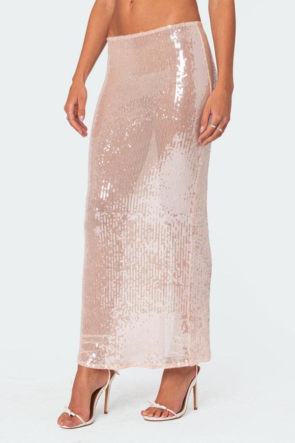 Edikted Riki Sheer Sequin Maxi Skirt Light Pink
