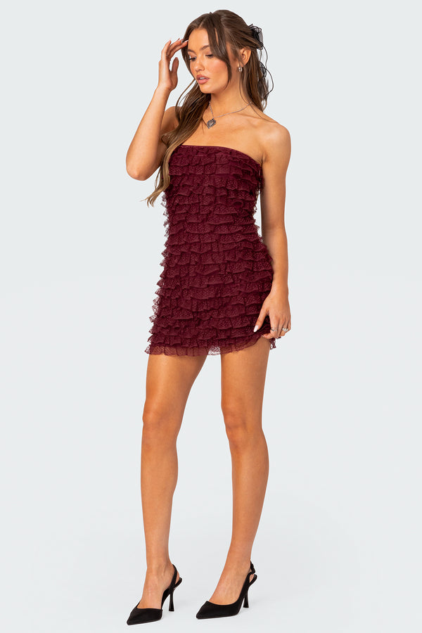 Edikted Rinna Ruffle Mini Dress Burgundy
