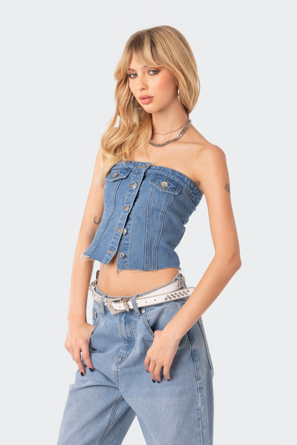 Edikted River Denim Strapless Top Blue