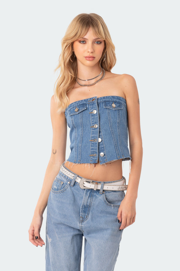 Edikted River Denim Strapless Top Blue