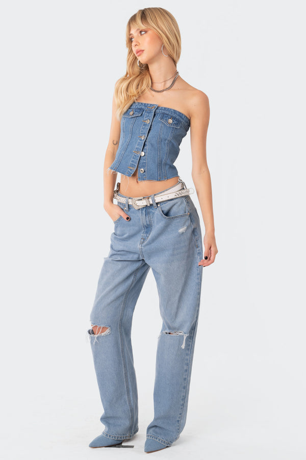 Edikted River Denim Strapless Top Blue