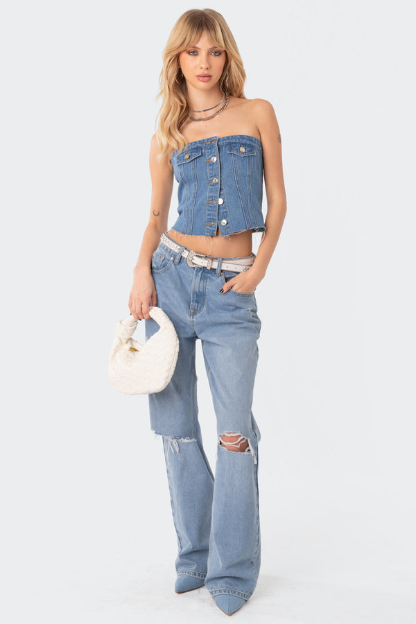 Edikted River Denim Strapless Top Blue