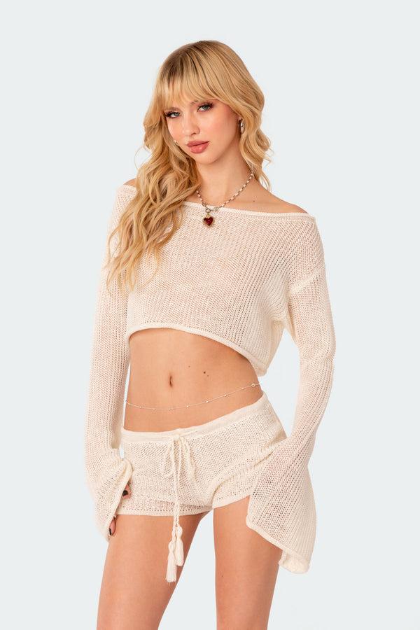 Edikted Riya Off Shoulder Knitted Crop Top Cream