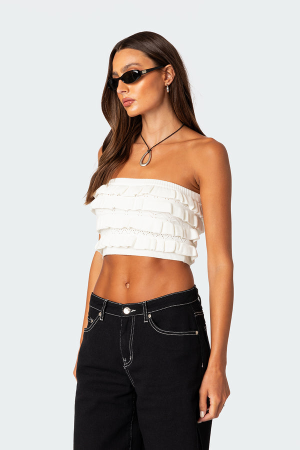 Edikted Robin Ruffle Knit Tube Top Cream