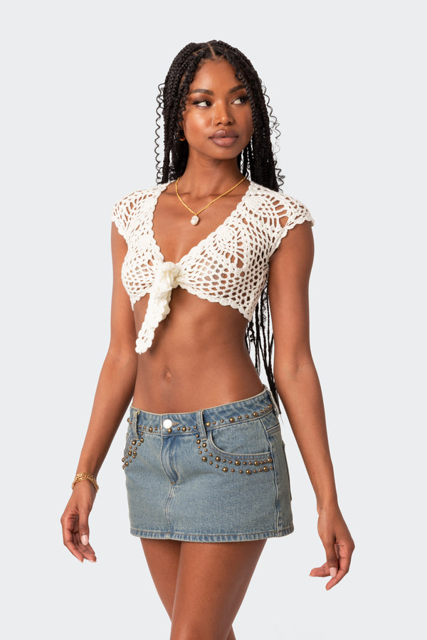 Edikted Rocco Tie Front Crochet Top Cream