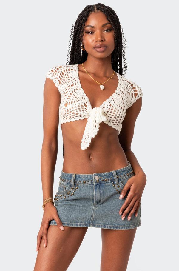edikted Rocco Tie Front Crochet Top cream