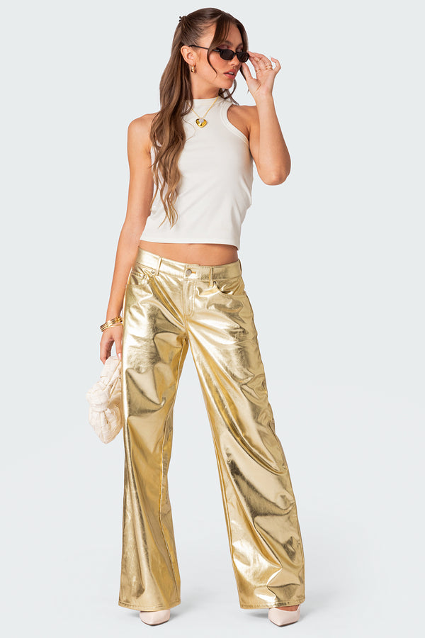edikted Rochelle Low Rise Metallic Jeans gold