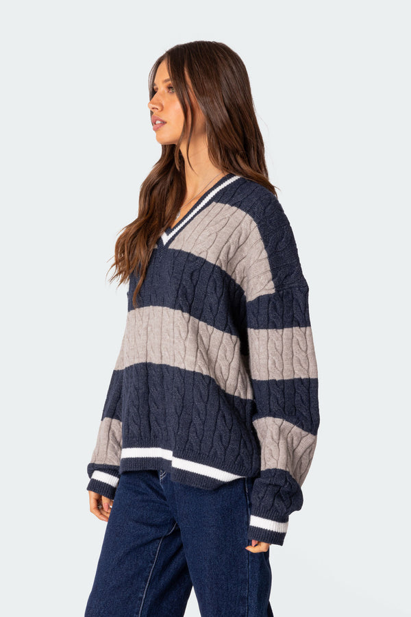 Edikted Romie V Neck Cable Knit Sweater Navy