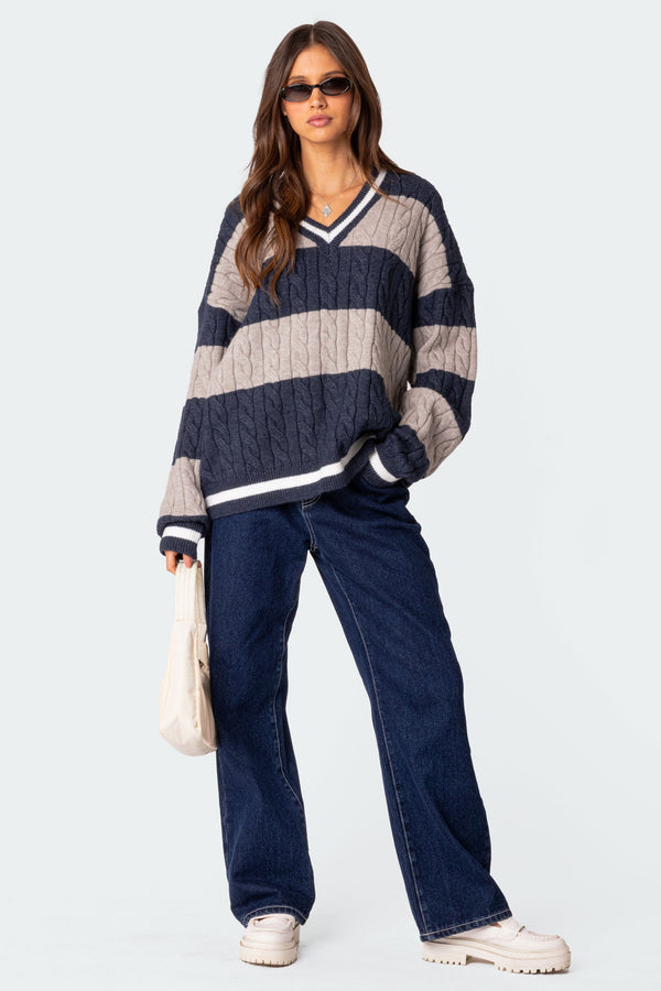 Edikted Romie V Neck Cable Knit Sweater Navy