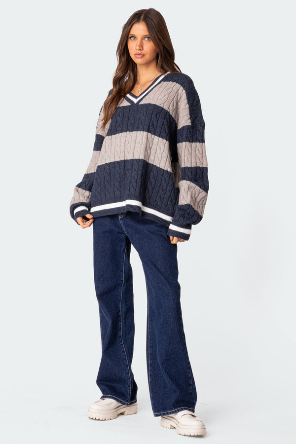 Edikted Romie V Neck Cable Knit Sweater Navy