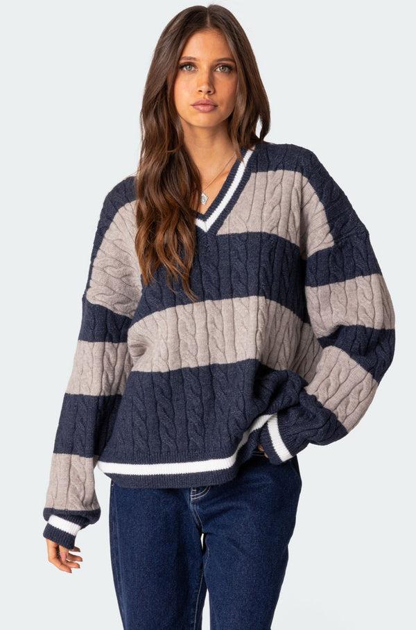 edikted Romie V Neck Cable Knit Sweater navy
