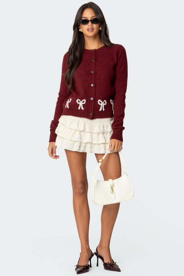 Edikted Rona Bow Knit Cardigan Burgundy