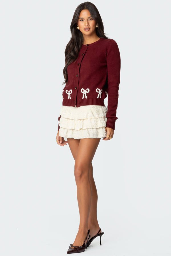 Edikted Rona Bow Knit Cardigan Burgundy