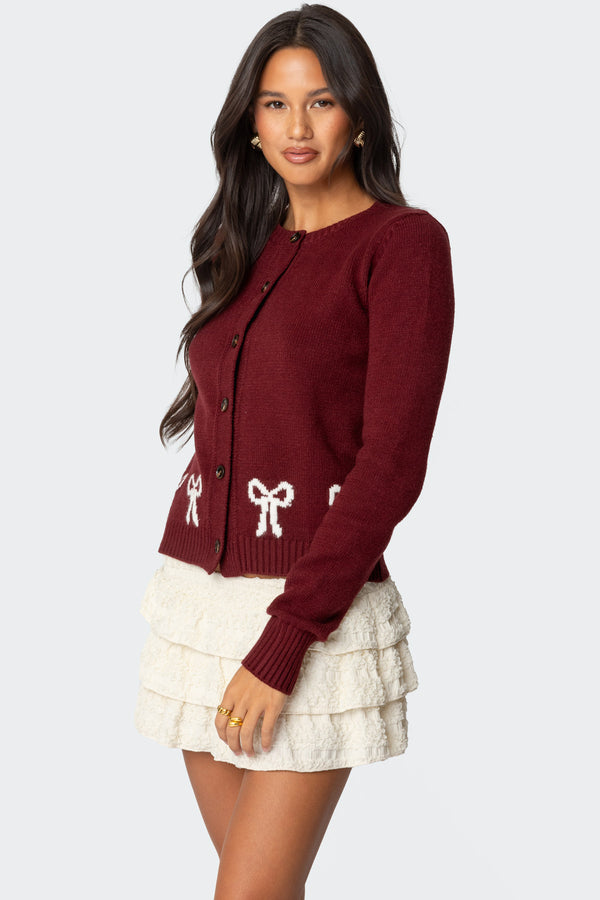 Edikted Rona Bow Knit Cardigan Burgundy