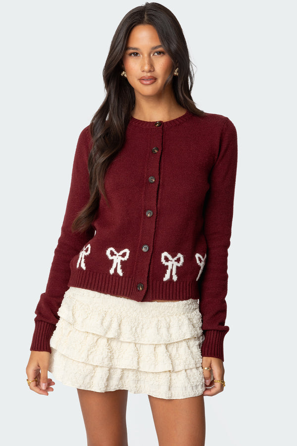 edikted Rona Bow Knit Cardigan burgundy
