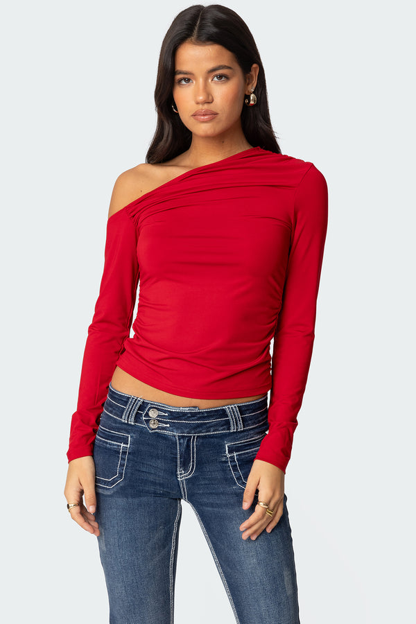 edikted Ronnie Asymmetric Long Sleeve Top red