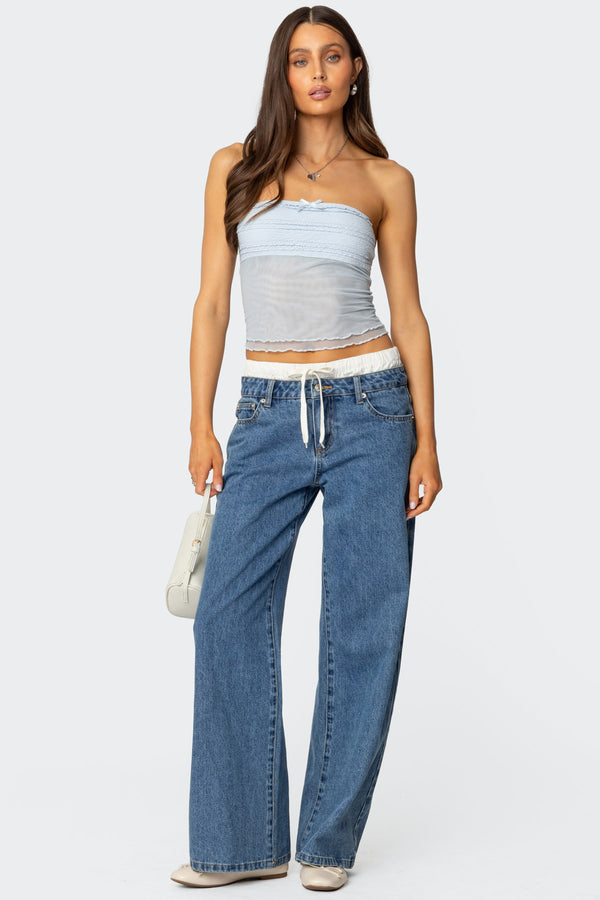 Edikted Rori Ruffle Knit Sheer Mesh Top Light Blue