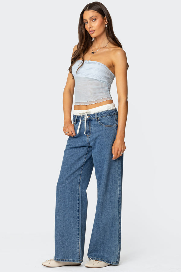 Edikted Rori Ruffle Knit Sheer Mesh Top Light Blue