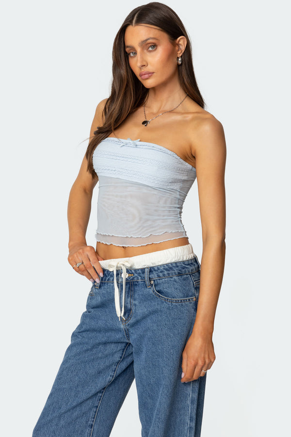 Edikted Rori Ruffle Knit Sheer Mesh Top Light Blue
