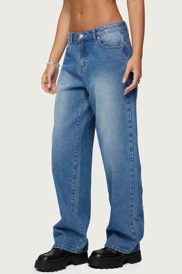 Edikted Rorie Mid Rise Straight Leg Jeans Blue